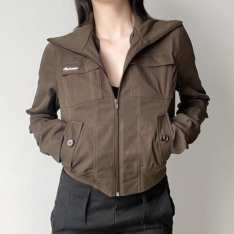 Dreamy 复古棕色系拉链立领工装夹克显瘦梭织外套女口袋短款上衣