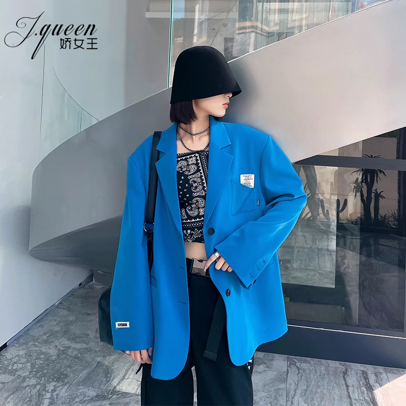 蓝色西装外套女春秋季宽松廓形显瘦时髦克莱因蓝高级感炸街西服