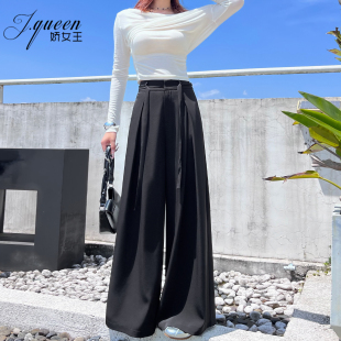 女秋季 甩裤 时尚 拖地长裤 高腰绑带高级宽松显瘦压褶裙裤 垂感阔腿裤