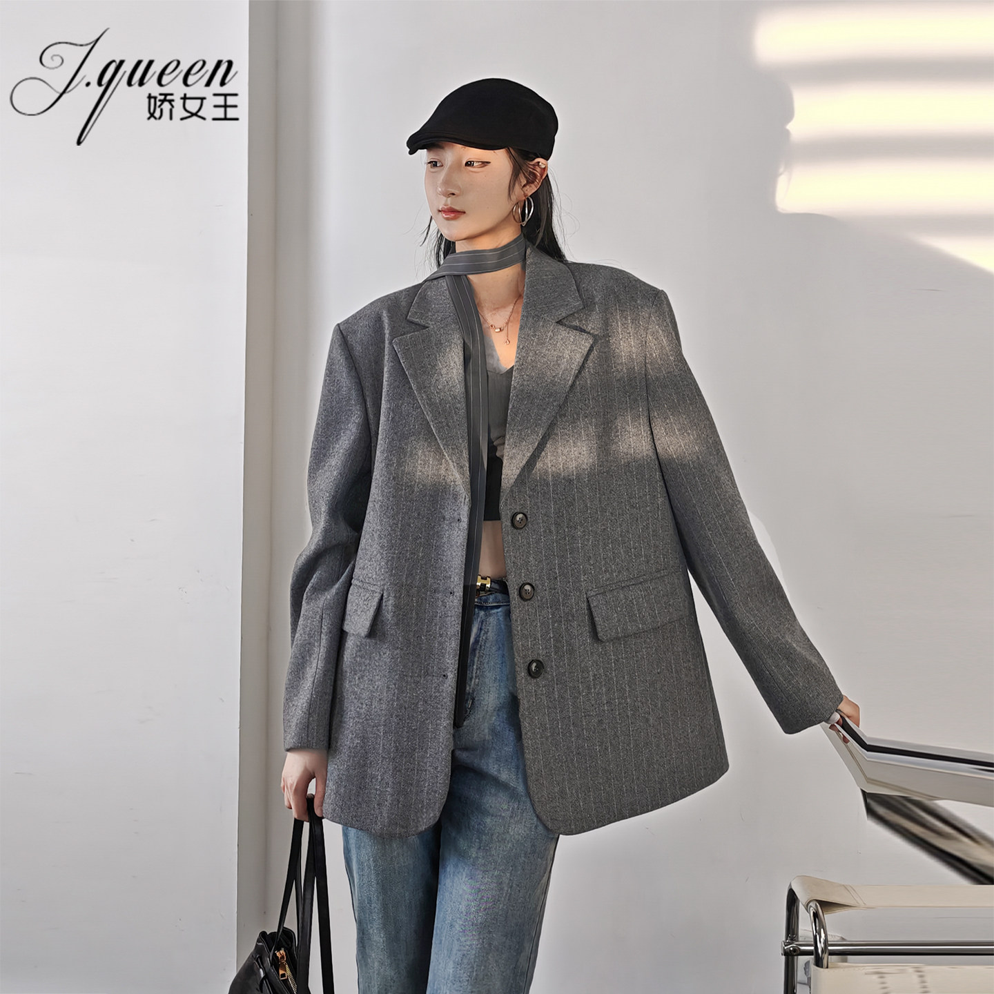 娇女王灰色羊毛西装外套春季新款