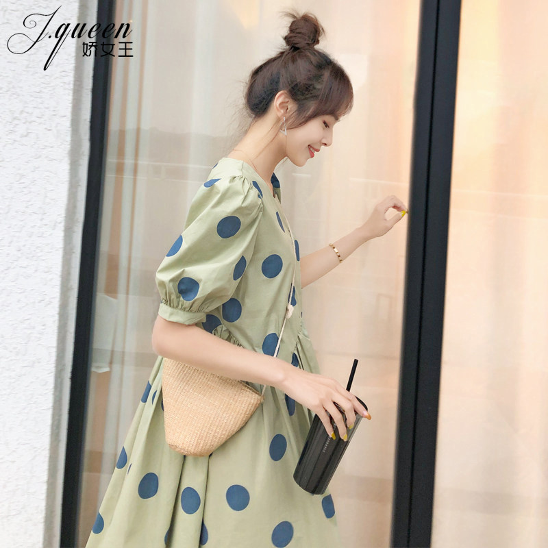 波点连衣裙女夏季法式小清新减龄泡泡袖桔梗裙宽松露背a字大摆裙