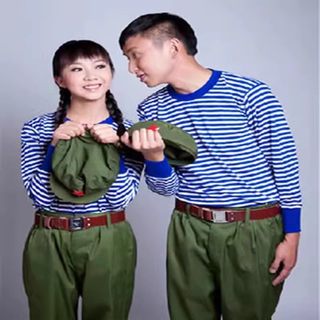 70/80年代怀旧演出服知青服装海魂衫水手服军迷t恤蓝白条纹作训服