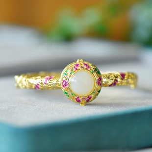 金镶玉天然和田玉延威手镯国潮古风手饰和田玉白玉珐琅彩香囊手镯