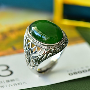 古法银镶嵌和田玉碧玉时尚戒指霸气男款指环金镶玉