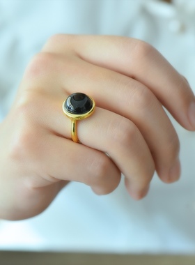 古法金镶嵌和田玉青玉时尚戒指女指环节日礼物