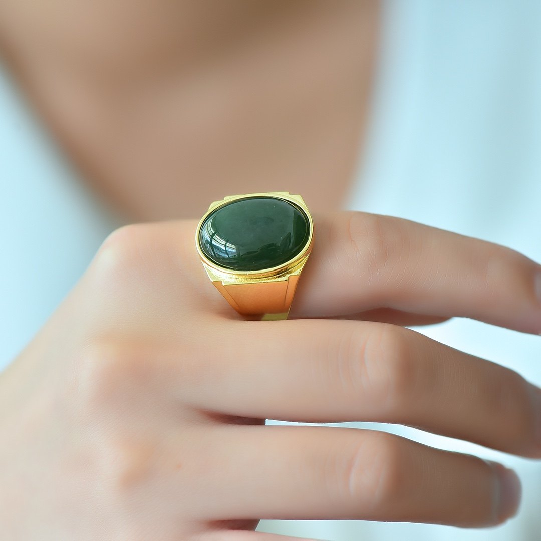 古法金镶嵌和田玉碧玉时尚戒指男款霸气指环