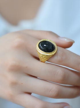 天然和田玉青玉戒指沙金镶嵌玉石指环复古宫廷风时尚个性食指戒