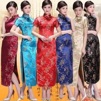 绸缎礼仪剪彩中式女唐装表演喜庆摄影新娘礼服短袖长旗袍裙大红HJ