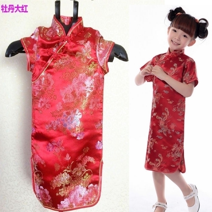 夏季女孩牡丹绸缎小旗袍裙中式六一儿童节日唐装表演出礼服大红HJ