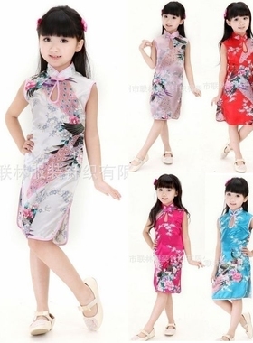 舞台表演中式薄款表演出儿童唐装夏季女孩孔雀小旗袍裙礼服白色HJ