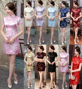拍照摄影中华小厨娘子亮面绸缎梅花表演短款 礼仪服旗袍裙粉红 唐装