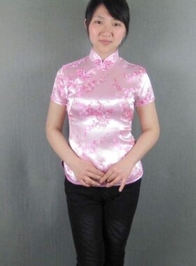 舞台表演中式复古拍照摄影夏季梅花短袖休闲女士唐装上衣粉红色HJ