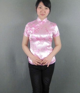 新款舞台表演中式复古拍照摄影夏季梅花短袖休闲女士唐装上衣粉红
