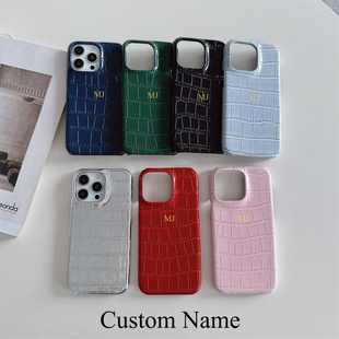 亮面鳄鱼纹手工烫金压印个性化定制适用于11苹果16promax皮质17手机壳15高级14plus半包13保护套潮男女外贸12