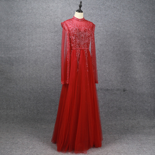 显瘦女士晚礼服手工钉珠优雅气质收腰修身长裙晚宴年会主持人晚装