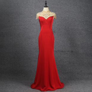 轻奢立领鱼尾晚礼服简约显瘦气质连衣裙主持人年会迎宾礼仪长裙