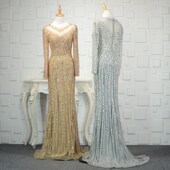 长袖 晚礼服高端重工钉珠鱼尾礼服长裙宴会裙年会晚会主持人长裙