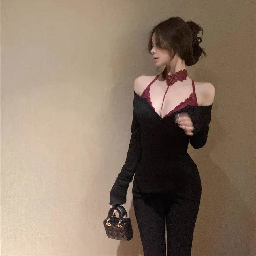 黑色性感长袖T恤女秋季紧身打底衫红色挂脖吊带蕾丝内搭纯欲上衣
