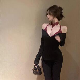黑色性感长袖T恤女秋季紧身打底衫红色挂脖吊带蕾丝内搭纯欲上衣