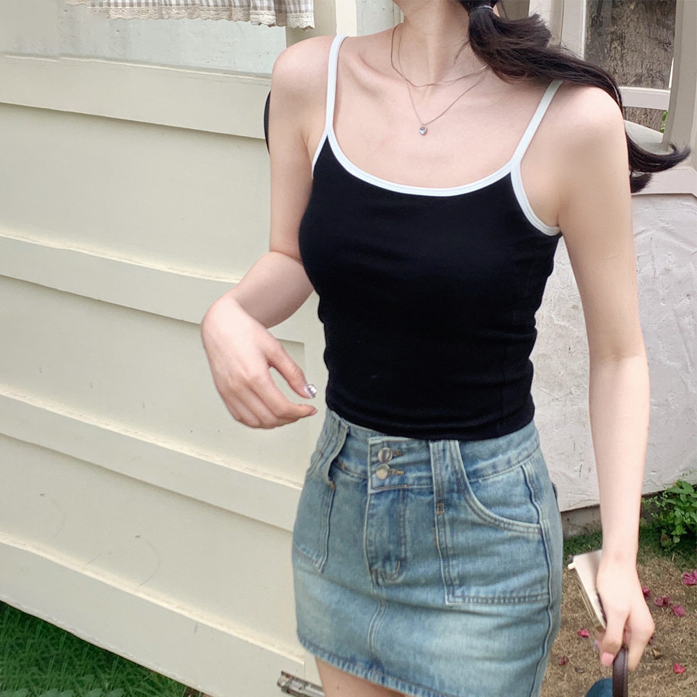 纯欲风辣妹撞色纯棉吊带美背背心带胸垫裹胸外穿打底短款抹胸上衣