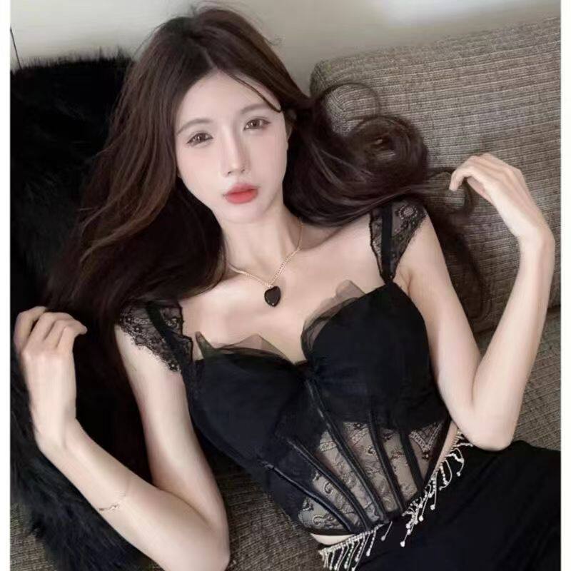 鱼骨小背心女蕾丝蝴蝶结纱束腰带胸垫打底防下垂吊带内衣女