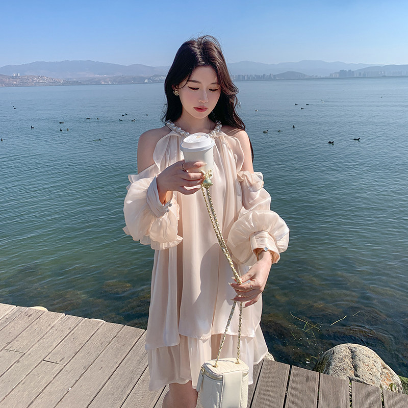 圆领露肩海边小个子白色连衣裙小众吊带裙韩版温柔气质长裙显瘦,女装连衣裙,2C161