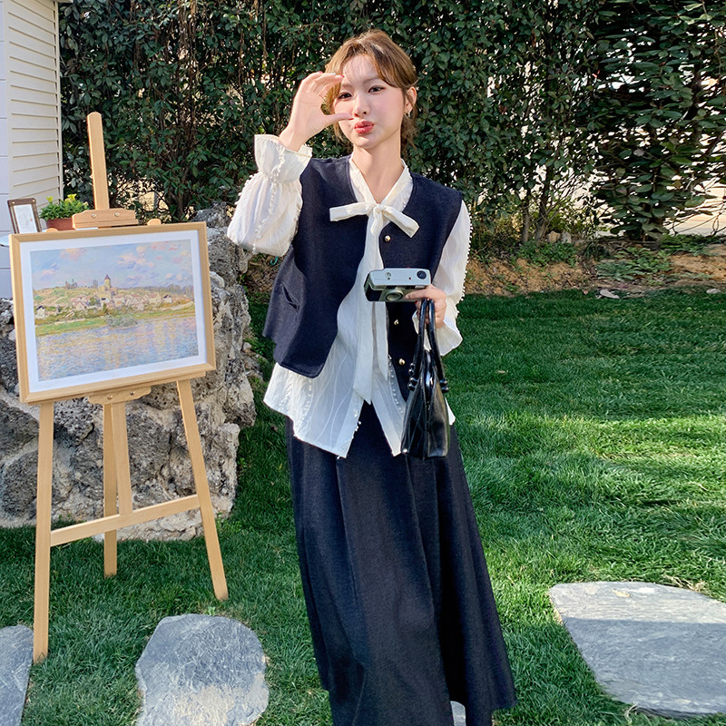 小香风马甲半身裙套装女2025春秋季新款高级感花边衬衫气质三件套,女装套装/套裙,2C161
