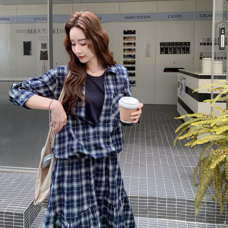 蓝色复古格纹设计感套装女2025年春秋季新款韩版上衣半身裙两件套,女装套装/套裙,2C161