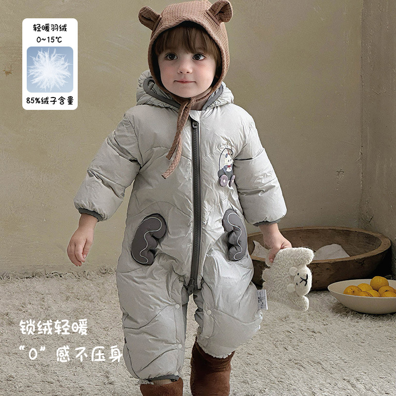三折撤柜宝宝冬季爬服哈衣加厚男童连帽羽绒服婴儿连体衣外出冬装