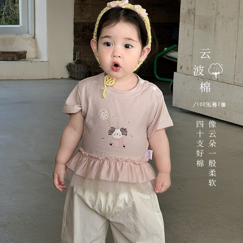 婴幼儿纯棉T恤2026夏季新款1岁女宝韩系卡通印花上衣花边拼接短袖