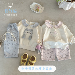 二折撤柜宝宝套装女童春装新款婴幼儿娃娃领卫衣印花直筒裤两件套
