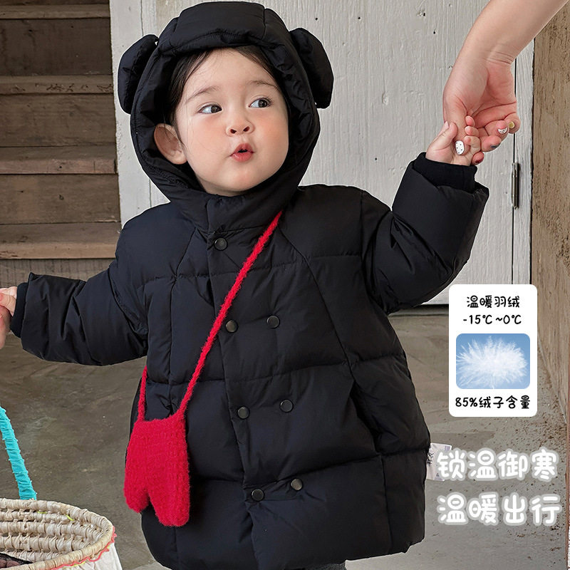 三折撤柜婴幼儿宝宝羽绒外套保暖加厚冬季连帽中长款白鸭绒外出服