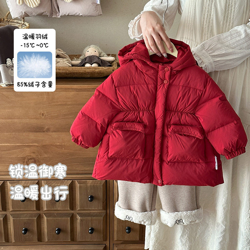 三折撤柜女童羽绒服中长款冬季2025女宝宝白鸭绒连帽外套 a类婴儿