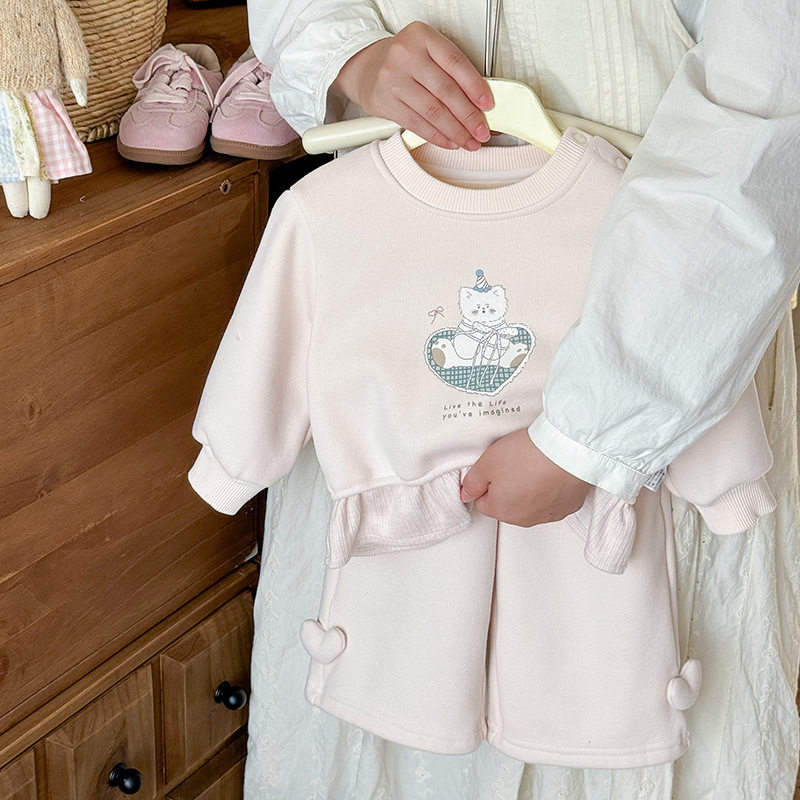 三折撤柜女童加绒套装宝宝外出服秋冬款婴幼童可爱卫衣卫裤两件套