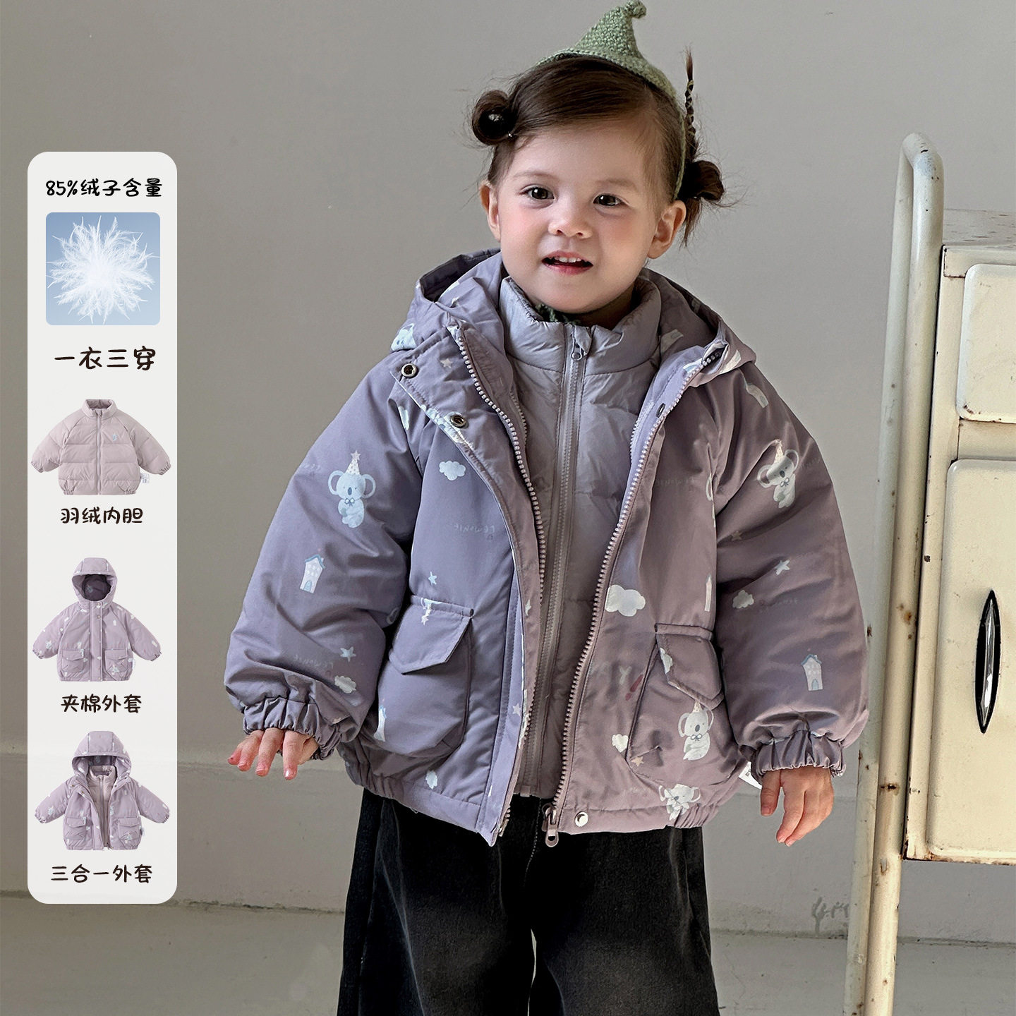 幼羽正品一衣三穿女童三合一连帽冲锋衣婴幼儿两件套秋冬印花外套