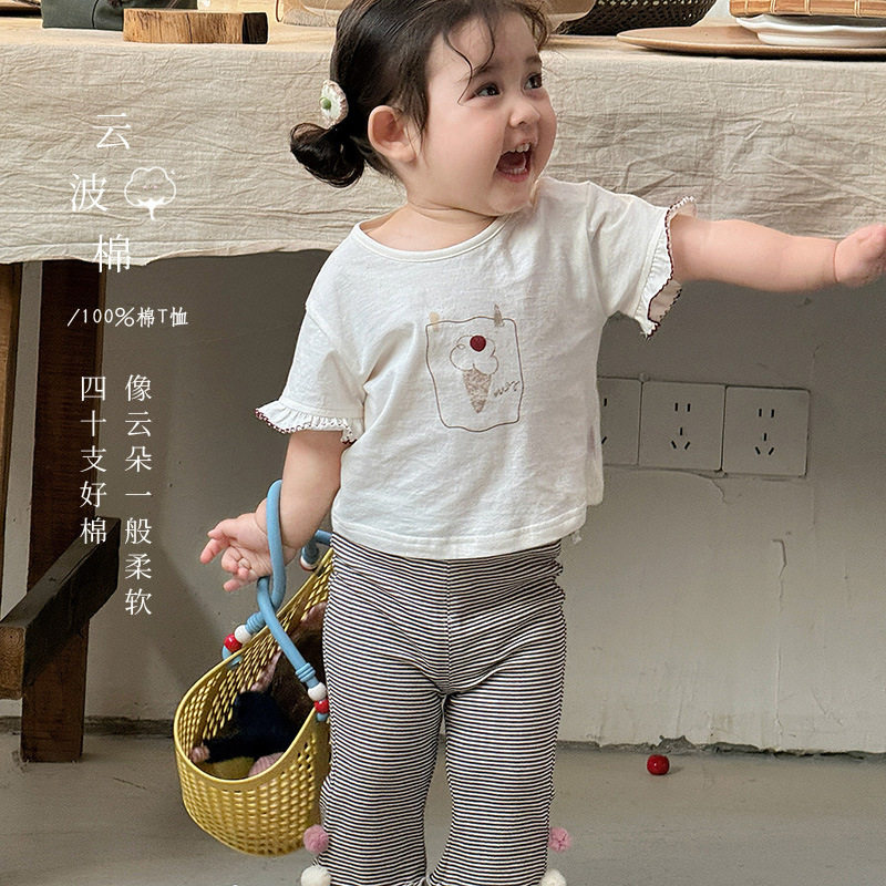 女童短袖26夏装新款卡通印花女宝T恤上衣婴幼儿百搭条纹打底裤a类