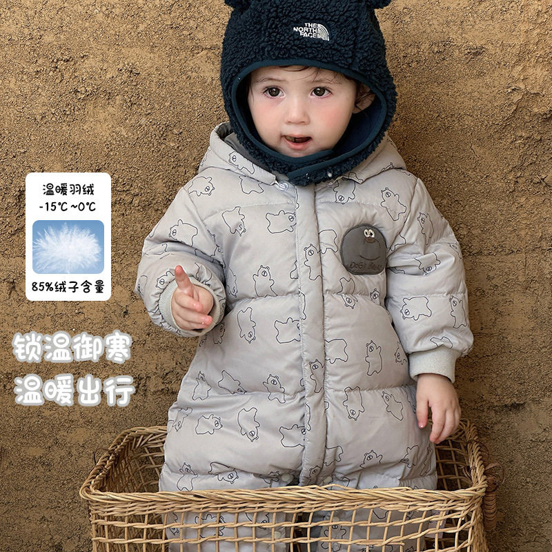 三折撤柜宝宝连体羽绒服连帽冬季婴幼儿全开裆连身衣白鸭绒外出服