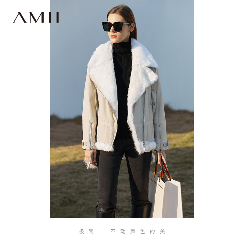 Amii极简军旅风工装风帅气皮草外套2023冬新款大翻领羊剪毛皮草
