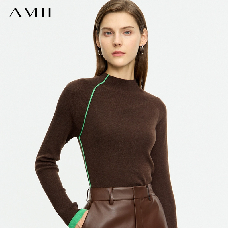 Amii半高领羊毛打底衫女士2023秋冬季新款修身针织衫黑色毛衣中领