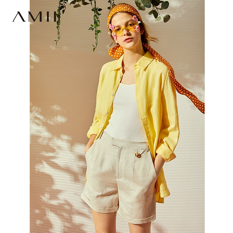 amii hàng đầu của phụ nữ vải lanh dài tay Pháp retro cotton và áo sơ mi vải lanh mặc bên ngoài áo sơ mi vải lanh tính khí đầu mùa thu - Áo sơ mi dài tay