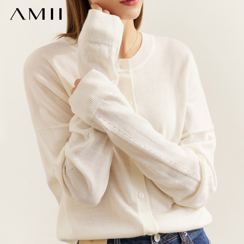 Amii小香风针织衫开衫外套女长袖法式薄上衣2024秋季新款白色毛衣