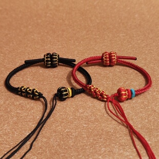 手链女款手工编织男女红绳可穿珠平安扣情侣手链铜钱半成品diy