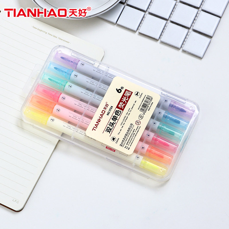 天好盒装6色荧光笔套装学生用彩色划重点标记笔双头手帐笔记号笔