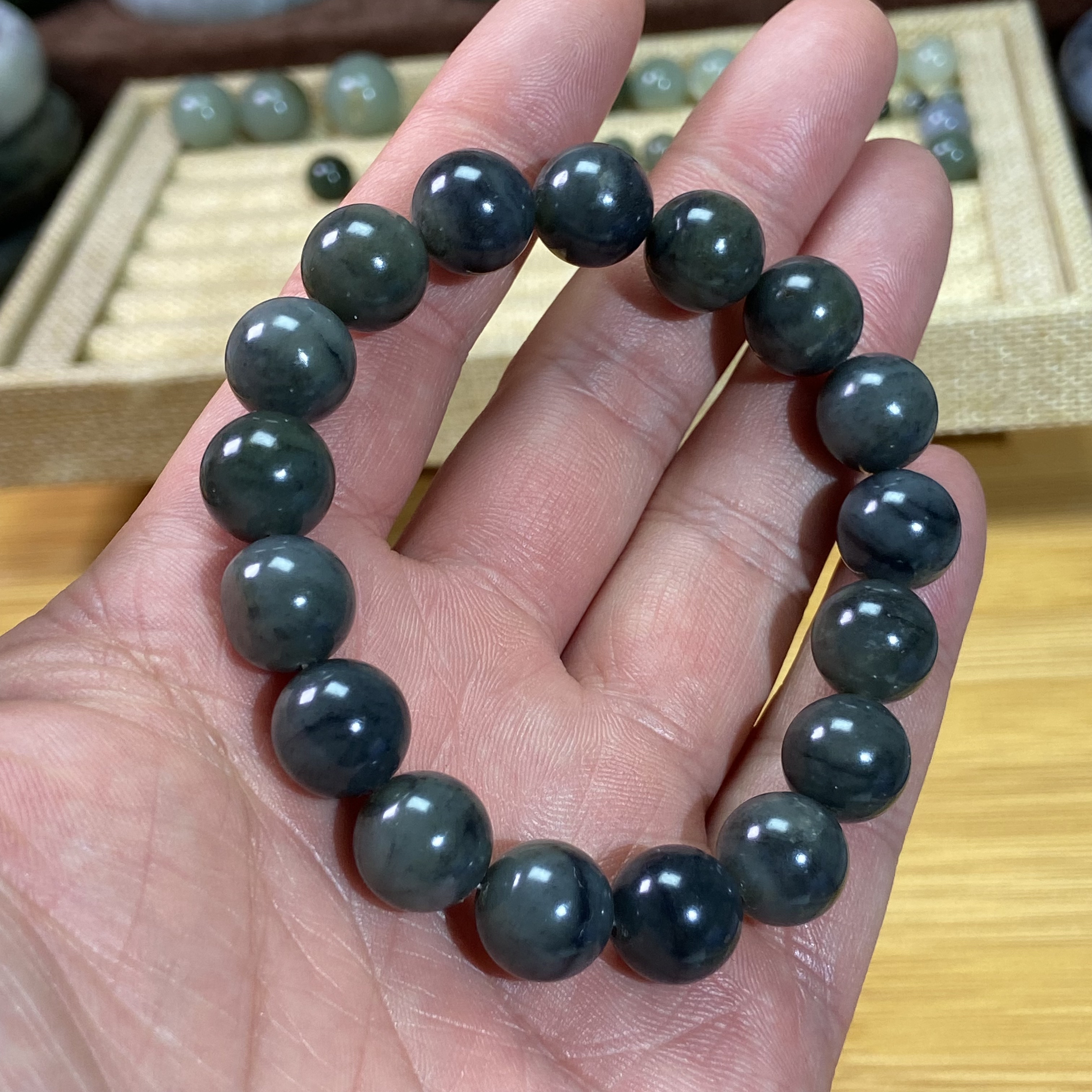 和田玉籽料卡12圆珠手串青花带翠复古风单圈手链文玩挂饰手饰配珠