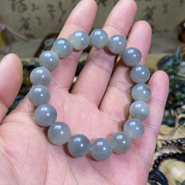 和田玉籽料卡12圆珠手串白底青花复古风单圈手链文玩珠串手饰挂饰