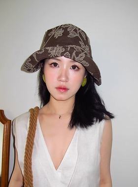 浮夸少女dayu自制提花中古vintage翻边防晒帽 百搭造型感多用帽