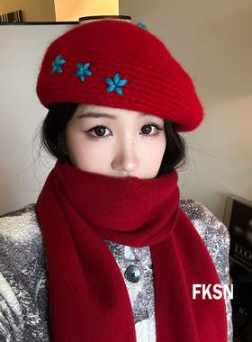 浮夸少女dayu 新年系列红蓝撞色刺绣毛线好版型贝雷帽