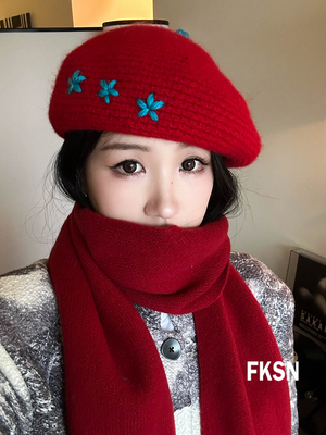 浮夸少女新年红蓝撞色贝雷帽