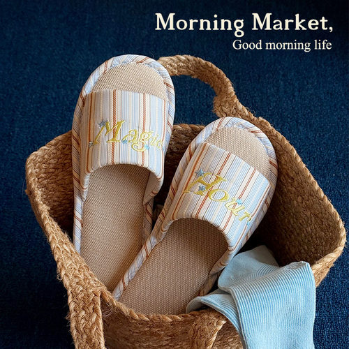 MorningMarket条纹亚麻家居拖鞋