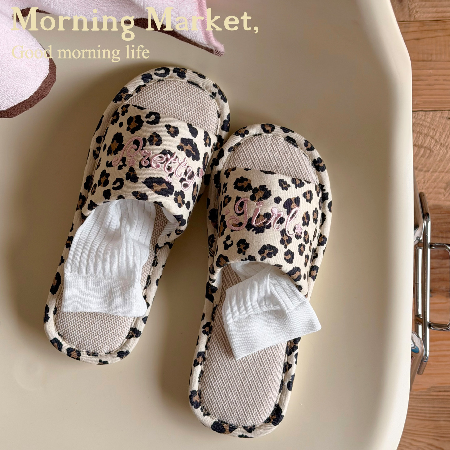 Morning Market 时髦豹纹刺绣亚麻家居拖鞋 夏秋四季防滑静音室内